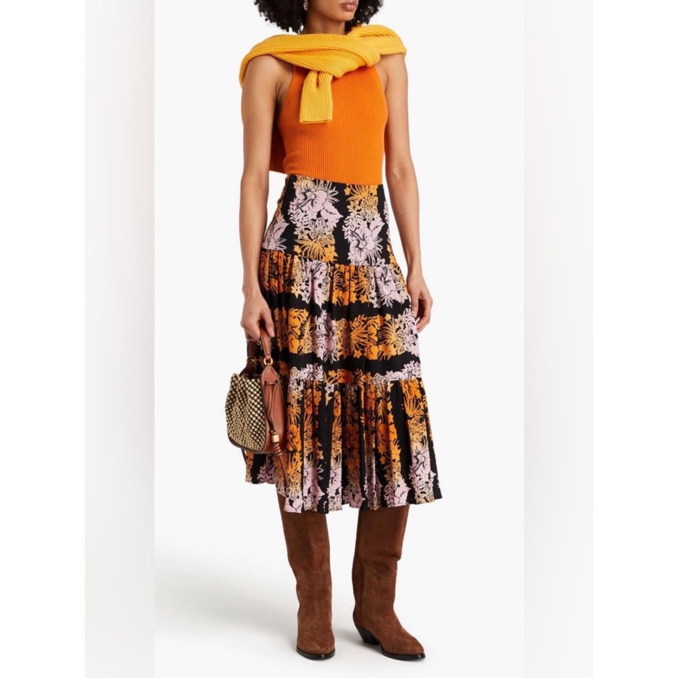 Sandro Maddie Tiered Midi Skirt With A Boho Floral Print.